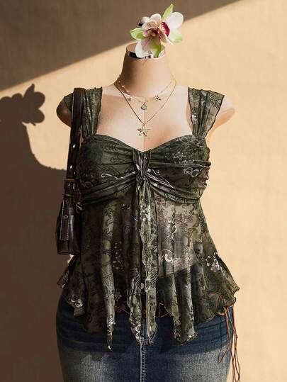 SHEIN ICON Plus Size Women's Asymmetrical Plain See-Through Mesh Hem Camisole Tank Top, Rave Top, See Through Top, Suitable For Summer Vacation, Graduation Season, Back To School, Y2K Style, Going Out Tops