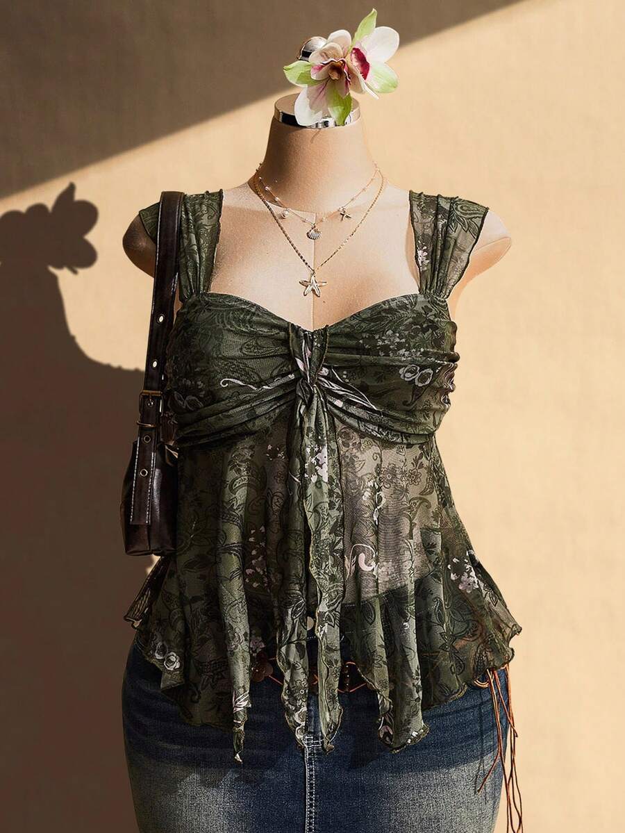 SHEIN ICON Áo tank top hai dây viền lưới xuyên thấu bất đối xứng dành cho nữ cỡ lớn, kiểu dáng thời trang dự tiệc, thích hợp cho kỳ nghỉ hè, mùa tốt nghiệp, tựu trường, phong cách Y2K. - Nhiều màu - Xem 1