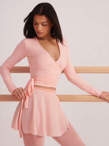 Eassivo Eassivo Women's All Season Casual Sports Tie Front Long Sleeve T-Shirt, Sheer Texture, Versatile White Pullover - Pink - View 7