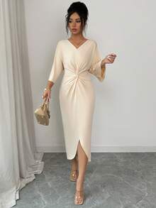 SHEIN PETITE Women's Casual V-Neck Twist Knot Slit Batwing Sleeve Cinched Waist Bodycon Dress - Apricot - View 6