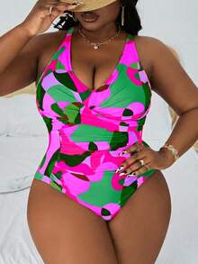 Slaydiva Traje de baño de una pieza con estampado de camuflaje para tallas grandes, ideal para vacaciones en la playa - Multicolor - Ver 6