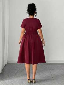 Elenzga Plus Size Women's Elegant Burgundy Summer Midi Dress,V-Neck Short Sleeve Heart Mesh,Waist Cinched A-Line Chiffon Casual Dress For Party,Wedding,Work - Red - View 2