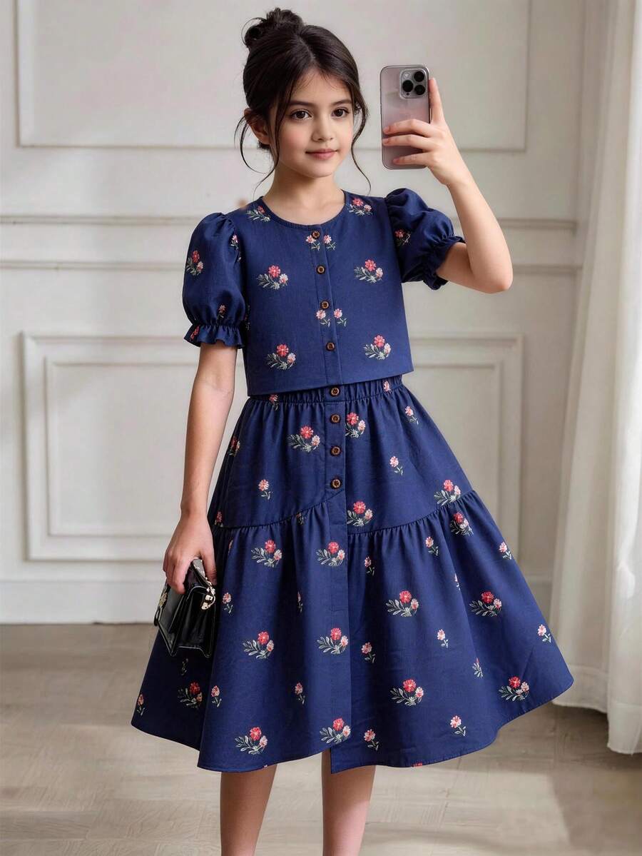 两件套:少女碎花花瓣袖衬衫和不对称纽扣裙,舒适透气,适合度假或日常穿着,春夏款 - 藏蓝色 - 查看 1