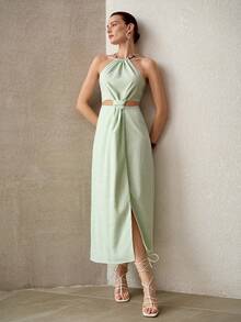 MOTF PREMIUM WOMEN'S LUXURY HALTER KNOT DESIGN DRESS - Apricot - View 5