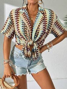 Swim Vcay Kimono de verano para mujer con abertura delantera de botones, hombros caídos, manga corta, estampado de rayas y encaje, para usar como cubierta en la playa - Caqui - Ver 6