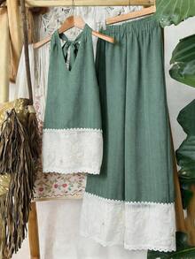 Franclia Women's Summer Vacation Lace Patchwork Wide Leg Pants - Green - View 1