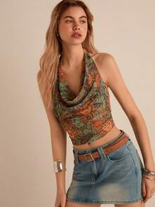 Easelle Women's Backless Halter Top With Pleats, Sexy And Versatile, Perfect For Dates And Outings. Printed Top, Spring/Summer 2026. - Multicolor - View 5