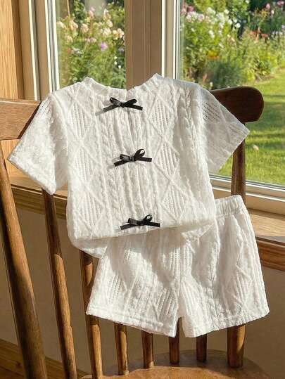 SHEIN Young Girl' Colorblock Bow Decor Short Sleeve T-Shirt