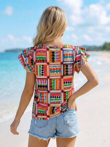 Sylviya 女士休闲纹理荷叶袖度假花卉衬衫 - 彩色 - 查看 2