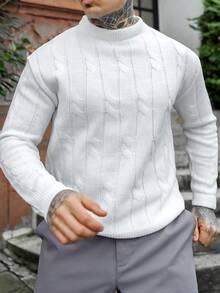Artur Kramer 男士纯色绞花针织秋季毛衣，圆领长袖，纯白色都市休闲秋季毛衣，冬季，情侣装 - 白色 - 查看 3