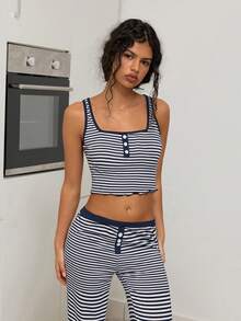 Sweetina Women's Casual Striped Cropped Tank Top And Pants 2 Pieces Set, Summer - Navy Blue - View 6