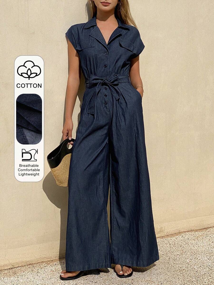 DAZY 女士翻领无袖收腰休闲牛仔连体裤 - 深色水洗藍 - 查看 1