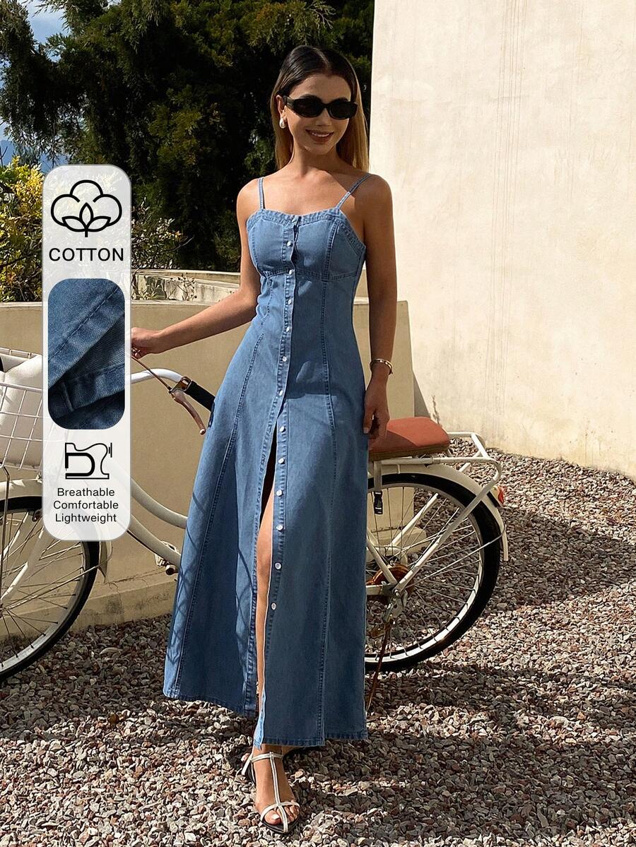 DAZY 女士无袖收腰长款休闲牛仔连衣裙 - 中等水洗藍 - 查看 1