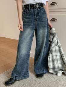 Dazy Kids Quần jeans ống rộng có túi, dáng suông, đa năng dành cho bé gái tuổi teen. - Màu xanh lam - Xem 1