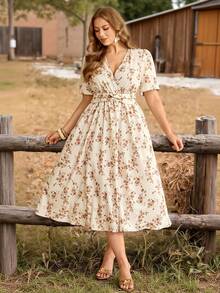 Roveilla Plus Size Women V-Neck Floral Print Ruched Waist Elegant Date Party Dress Vintage Dresses For Women Cotton Dresses French Style Dress Cottagecore Dress Elegant Floral Dress Women Summer Elegant Dress Floral Dress Elegant Dress - Apricot - View 5