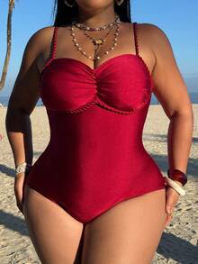 Swim Chiccia Traje de baño de una pieza talla grande, diseño único de tirantes retorcidos, elegante y de moda - Burdeos - Ver 3