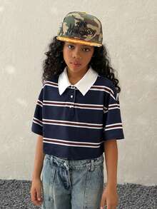 Tween Girls ' Spring/Summer Form-Fitting Striped Contrast Color Polo Neck T-Shirt - Blue - View 4