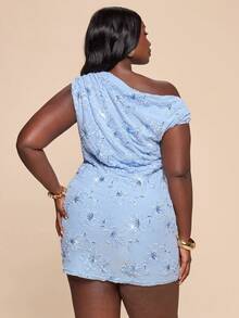 SHEIN BAE Plus Size Summer Elegant Sexy Celestial Cocktail Theme Party Date Night Blue Light Floral Sequin Embroidery One Shoulder Mini Dress Women's Chic - Baby Blue - View 2