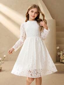 Tween Girl Ruffle Collar Floral Lace Long Sleeve Elegant Dress - White - View 3