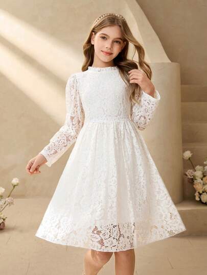 Tween Girl Ruffle Collar Floral Lace Long Sleeve Elegant Dress