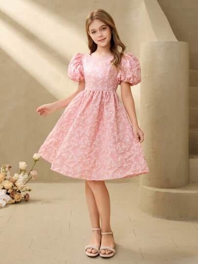 Tween Girl Butterfly Jacquard Round Neck Petal Sleeve Cute Dress