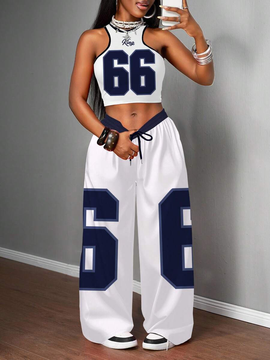 Slaydiva Bộ đồ nữ phong cách đường phố thường ngày gồm áo hai dây ôm sát và quần ống rộng, phù hợp để mặc dạo phố với họa tiết in số 66 phối màu xanh trắng. - Nhiều màu - Xem 1