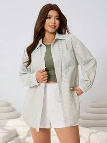 SHEIN EZwear مجموعة ربيعية/صيفية جديدة من قميص كاجوال فضفاض مخطط، سترة صدرية مضفرة خضراء وشورت جينز فضفاض قطني ذو ملمس قطني 3 قطع، مجموعة ملابس مرنة مقاس كبير للنساء لكل المناسبات، التنقل، الحفلات، مهرجانات الموسيقى، العودة للمدرسة، العطلات، الملابس الشارعية، الملابس المنزلية، التجول في المدينة - متعدد الألوان - مشاهدة 10