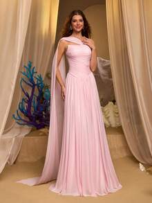 Glamrae Đầm dạ hội sang trọng và thanh lịch bằng vải chiffon màu hồng, xếp ly, được trang trí bằng kim cương thủ công, cổ thuyền, chân váy maxi bồng bềnh với đuôi váy dài, thích hợp cho nữ. - Hồng - Xem 6