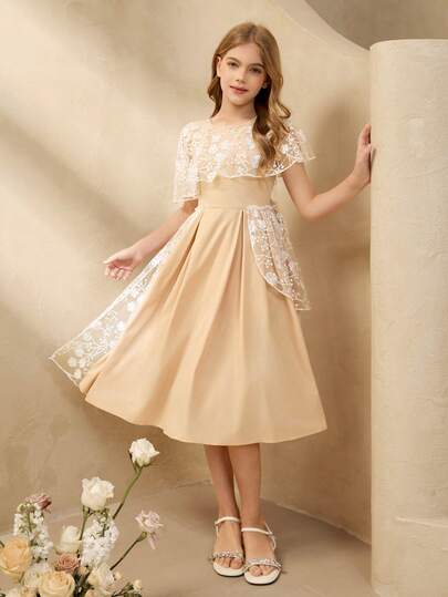 Tween Girl Floral Embroidery Mesh Patchwork Elegant Round Neck Dress