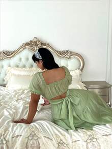 Lyrianda Đầm dáng rộng, bèo nhún kiểu Pháp, thắt nơ, thích hợp mặc mùa xuân/hè. - màu xanh lá - Xem 4