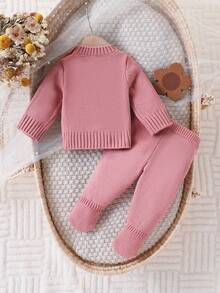 SHEIN Newborn Baby Fashionable Cute Round Neck Shoulder Button Long Sleeve Bow Knit Sweater And Knit Pants Set, Soft And Comfortable, Suitable For Spring, Autumn And Winter, Suitable For Daily, Outdoor, Travel, Vacation, Home, Nursery, And Children's Play Wear Baby Set Autumn Winter Season Baby Girl Knitted Outfit Baby Girl Warm Sets Pink Bow Baby Outfit Baby Girl Knitted Outfits Newborn Sweater Romper - Pink - View 3