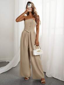 Rafferiza Fashionable Sexy Strapless Sleeveless Metal Buckle Jumpsuit - Khaki - View 1