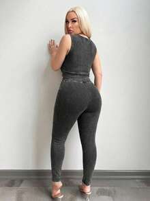 SHEIN SXY Plus Size Grey 2 Pieces Set,Summer Casual Baggy High-Elasticity Ribbed Fabric Gym Outfits,Sleeveless V-Neck Cropped Camisole & High-Waisted Leggings - Black - View 5