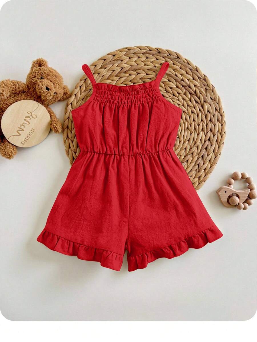Baby Girl Ruffled Strap Romper, Comfortable & Cute, Suitable For Summer - Red - View 1