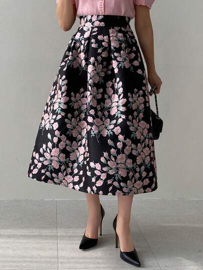 DAZY 提花百褶裙，高腰喇叭裙，法式修身女装