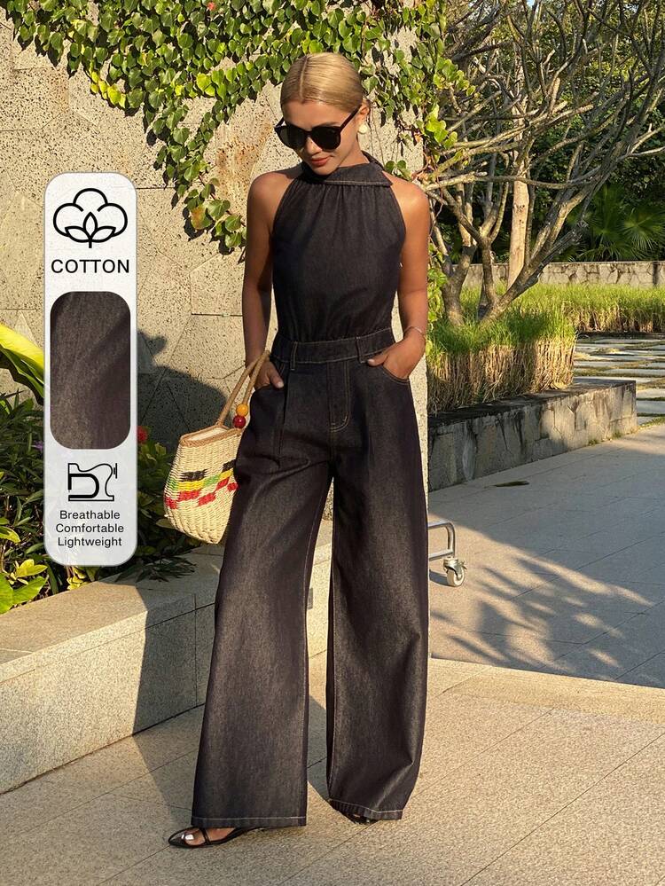 Women's Sleeveless Casual Jumpsuit, Denim Overalls And Jumpsuit