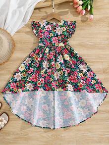 SHEIN 女童雪纺碎花圆领荷叶边下摆休闲连衣裙 - 彩色 - 查看 1