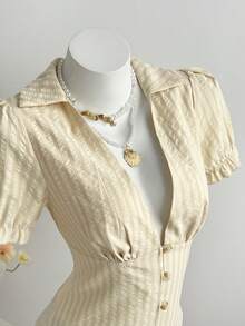 Elamini Yellow Striped V-Neck Petal Sleeve Women's Vacation Blouse - Multicolor - View 4