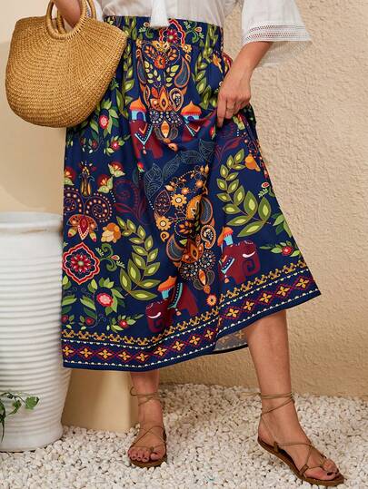 EMERY ROSE Plus Size Women Plant Print Casual Skirt