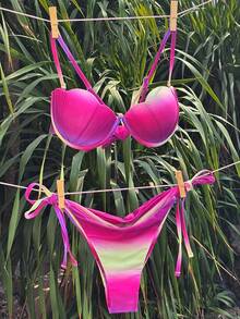 Swim Mod Conjunto de bikini con taza de concha degradada, tirantes de espagueti desmontables, sujetador de acero con recogida lateral y lazo, color aleatorio - Multicolor - Ver 3