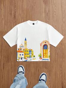 Manfinity Joysei 男士休闲度假涂鸦建筑印花宽松短款上衣，适合夏季外出穿着 - 白色 - 查看 1