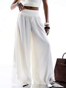 LYSMO 2026新款极简主义春夏女裤，侧边蕾丝拼接，镂空透视设计，休闲浪漫度假风，沙滩装。度假/波西米亚/性感 - 杏色 - 查看 3