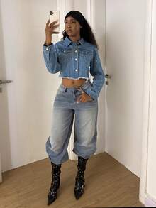 StreetHx Women's Y2K Fashion Casual Street Style Rivet Denim Jacket - Medium Wash - View 5