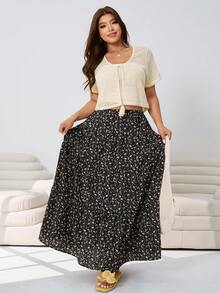 Solflare 3pcs Set:Plus Size Black And White Summer Boho Vacation Holiday Apricot Crochet Tie Top,White Knit Tube Top,Floral Layered Ruffle Midi Skirt Outfit - Multicolor - View 6