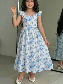 SHEIN 少女优雅休闲度假蓝白碎花短袖连衣裙 - 藍白色 - 查看 10