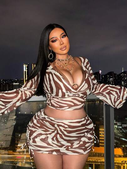 Swim SXY Plus Size Women Summer Beach Solid Color Metal Decor Halter Tie Sexy Bikini And Triangle Briefs Swimwear Set With Flare Sleeve Cropped Top And Mini Skirt