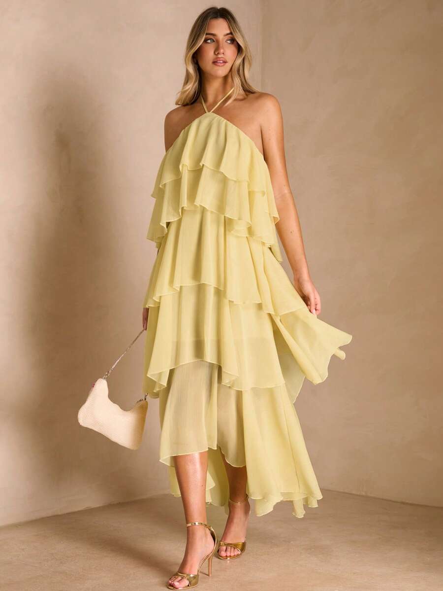 Enchnt Spring/Summer Romantic Women's Yellow Backless Ruffle Hem Maxi Dress,Sweet&Elegant For Vacation&Date&Holiday&Going Out,Spring Outfit Women