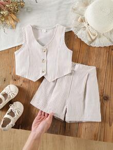 2-Piece Girls' Outfit:Apricot Striped Sleeveless Top,Button-Front Vest & Shorts Set For Summer,7th Birthday,Daily,Formal Event Back-To-School Clothes - Apricot - View 4