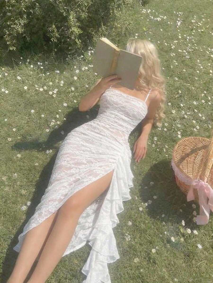 SHEIN MOD 女士优雅撞色蕾丝缎带开衩吊带裙,夏季 - 白色 - 查看 1