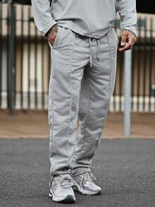 Devon Thys 男士抽绳腰部接缝细节运动裤外出纯色休闲直筒浅灰色抽绳运动裤，适合丈夫、男朋友的礼物 - 淺灰色 - 查看 3